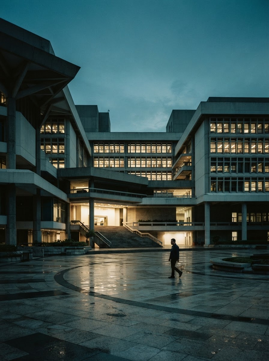 Modern government building at dusk